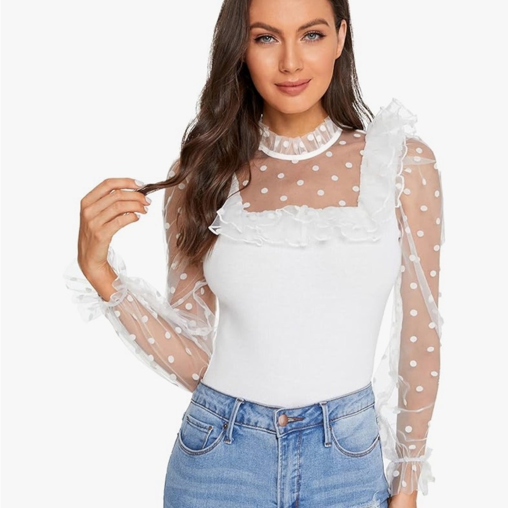 Women's Mesh Puff Sleeve High Neck Slim Fit Party Blouse Top White Plain